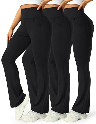 Mlenhor 3 Packs Womens High Waist Flare Pants-Flare Yoga Pants，Yoga Pants with Pockets - High Waist and Wide Leg (US, Alpha, X-Large, Regular, Regular, 3 Pack-Black/Black/Black)