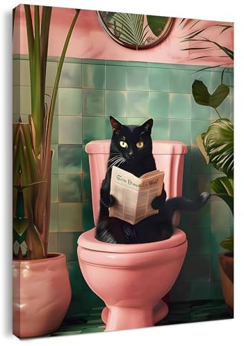 Qiukoo Funny Cat Toilet Picture – Framed Bathroom Sign with Hooks, Humorous Wall Art for Bathroom Decor, Quirky Cat Wall Artwork for Toilet or Guest Loo,12x16 Inch