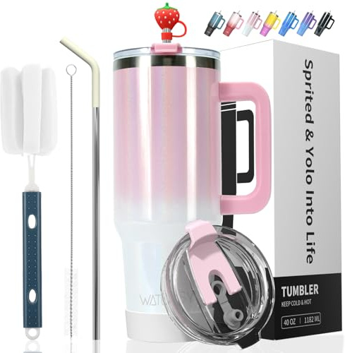 WATERSY Doppelwandiger 40oz Kaffeebecher to Go Thermobecher Edelstahl Vakuum Auslaufsicher Trinkbecher mit Griff und Strohhalm Rosa Weiß Glänzend