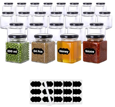Amajoy 24 x 200 ml förvaringsburkar med att stänga fyrkantiga burkar konserveringsburkar syltburkar honung, glasbehållare