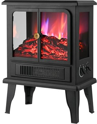 Techni Home Freestanding Electric Fireplace Heater w/Realistic Flame Effects, 2 Heat Settings (Low/High), Wire Heating Element, 3-Sided Viewing Windows, Overheat Protection, 1500W Indoor Space Heater