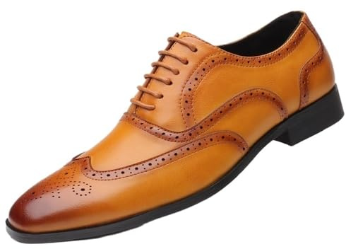 Mens Dress Shoes Wingtip Full Brogue Oxford Tan Brown Leather Shoes Retro British Style Formal Derby Business Wedding Party Footwear(7.5)