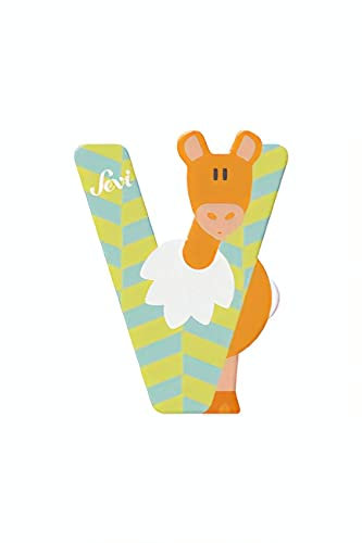 Sevi 83022 Tier Holzbuchstaben V Vikunja ca. 10 cm, Türbuchstaben für Kinderzimmer, ABC Lernspielzeug aus Holz, pädagogisches Spielzeug für Kinder ab 3 Jahren, Buchstabe Tiere, Blau/Gelb