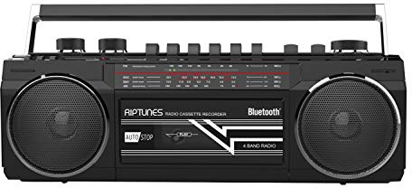 Riptunes kassettboombox, retro Blueooth Boombox, kassettspelare och inspelare, AM/FM/SW-1-SW2 radio-4-bandradio, USB och SD, Aux in,
