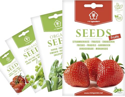 Graines Biologiques Minigarden, Sélection FRUITS: Fraises, Poivrons Padron, Petits Pois et Tomate Cuor di bue