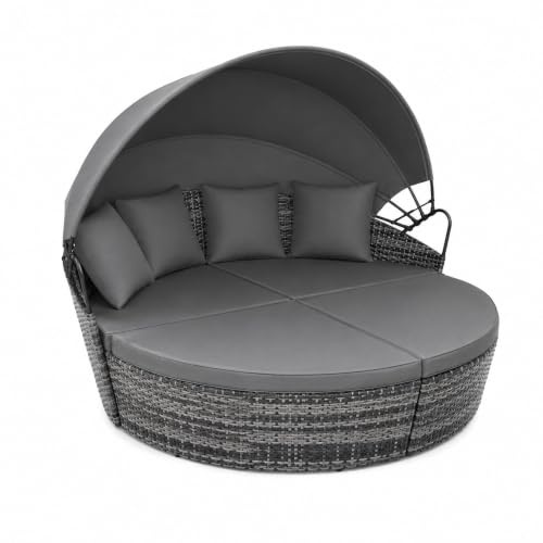 EVRE Bali Rattan Garden Day Bed with Canopy, Mixed Grey | 4 Piece Outdoor Furniture Set, Round Garden Lounger with Cushions, Modular Patio Daybed for Garden, Balcony & Conservatory