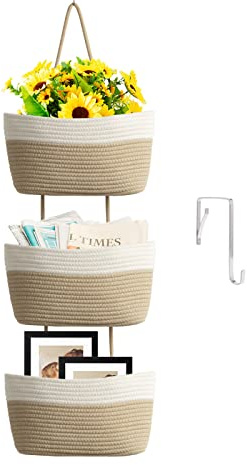 TeoKJ Over the Door Hanging Basket, 3-Tier Woven Cotton Wall-Mounted Storage Organizer Bag Decorative Hanging Kitchen Baskets - White + Jute