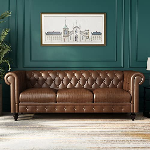 WILLIAMSPACE 88.2 Chesterfield Sofa Couch for Living Room, 3 Seater Couches Upholstered Tufted PU Sectional Sofa for Office Apartment - Brown