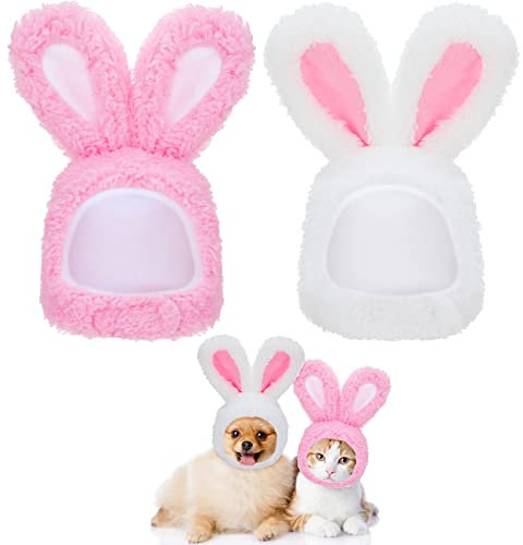 2 Stück Ostern Kaninchenohren Hüte für Katze Hunde Niedliches Katzen Outfit Hasenohren Kostüm für Kätzchen Welpen Haustier Hase Mützen Cosplay Party Zubehör, Weiß Rosa