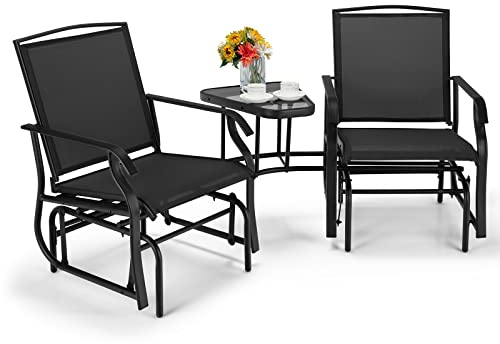 COSTWAY Garden Double Glider Rocking Chairs, 2 Seater Swing Chair Relax Rocker with Middle Glass Table & Umbrella Hole, Metal Frame Outdoor Conversation Set Gliding Loveseat for Patio Poolside (Black)