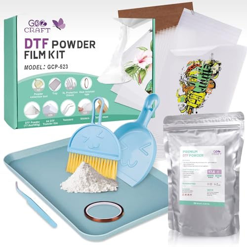 GO2CRAFT DTF Transfer Powder Kit, 20pcs DTF Sublimation Printer Film, 500g White DTF Hot Melt Digital Adhesive Washable Durable T-Shirt Starter Kit Gifts