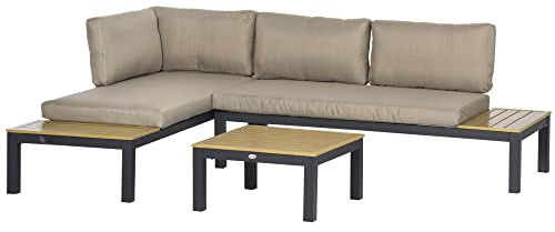 Outsunny 3 Pz Set da Giardino con 2 Divani a 2 Posti con Cuscini Imbottiti e 1 Tavolino da Caffè, Colore Grigio e Legno Naturale