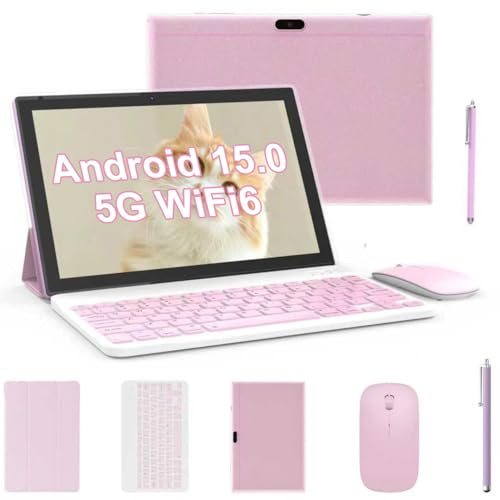 Tablet 2 in 1 Tablets 10 inch Android 15 Tablet Set with Keyboard Case Mouse Stylus Pen, 8GB+32GB Tablets 10.1 HD Touch Screen Tab, 2MP+8MP Dual Camera 6000mAh battery WiFi6 Bluetooth Tableta PC Pink