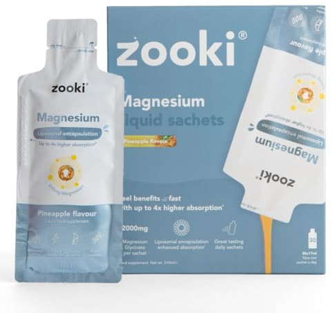Zooki Liposomal Magnesium Glycinate Liquid Sachets, High Strength Magnesium Supplement, Liquid Magnesium for Muscle Relaxation Sleep & Energy Support, Vegan Sachets (Pineapple, 30 Servings)