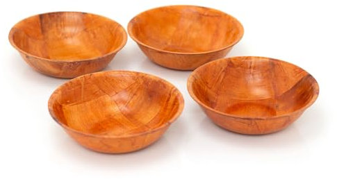 Carousel Home Set of 4 Round Wooden Woven Bowls | Wood Kitchen Bowls Woven Wood Snack Bowls | 4 Piece Rustic Serving Bowl Set - 15cm