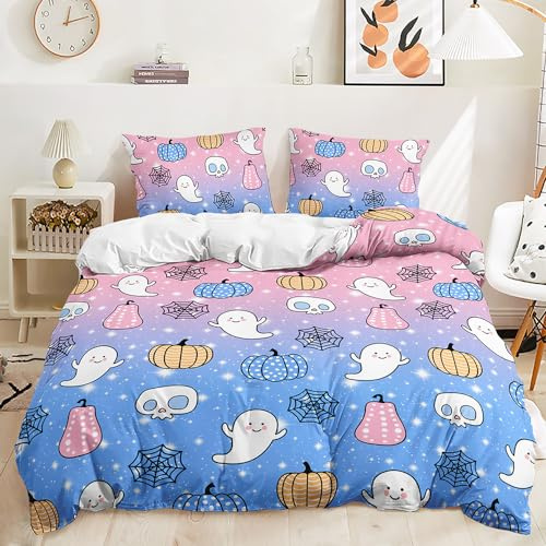 Lunoroey Halloween Bedding Set King Size Girls Pink Blue Duvet Cover Set | Cute Ghost Pumpkin Halloween Bedding, Cartoon Girls Bedding, Halloween Room Decor, 1 Duvet Cover 2 Pillowcases