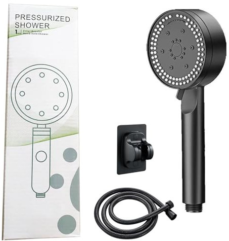 Alcachofa de ducha con manguera, cabezal de ducha ahorro, 8 tipos de chorro, manguera de 1,5 m para alcachofa de ducha con parada de agua, ducha elevadora de presión, ducha de lluvia, soporte sin