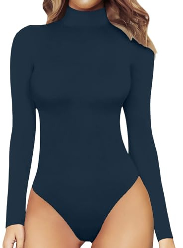 MJGkhiy Body de manga larga para mujer, cuello alto/cuello en V, bodysuit casual ajustado, body suits liso Shapewear Tops suave camiseta íntima mono Jumpsuits camisetas ropa con curvas, azul marino, S