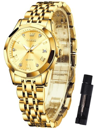 OLEVS Gold Uhr Damen Edelstahl Schicke Analog Kleid Damen Armbanduhr Klein Zifferblatt Luxus Metallarmband Damenuhr mit Datum Diamant Römische Zahlen Quarz Frauen Uhr Wasserdicht Leuchtend Geschenke