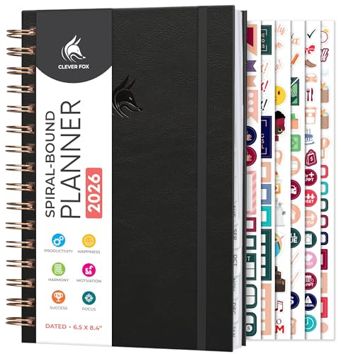 Clever Fox Dated Planner with Tabs 2026 – Weekly & Monthly Spiral Planner with Habit Tracker for Goal Setting & Time Management (Black)
