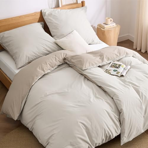 BEDSURE Bettwäsche 135x200 Baumwolle 4teilig - Bettwäsche-Sets Beige Khaki Taupe Wendebettwäsche 2er Set mit 2 Kissenbezüge 80x80 cm, Oeko-TEX Zweifarbiger Bettbezug mit Reißverschluss