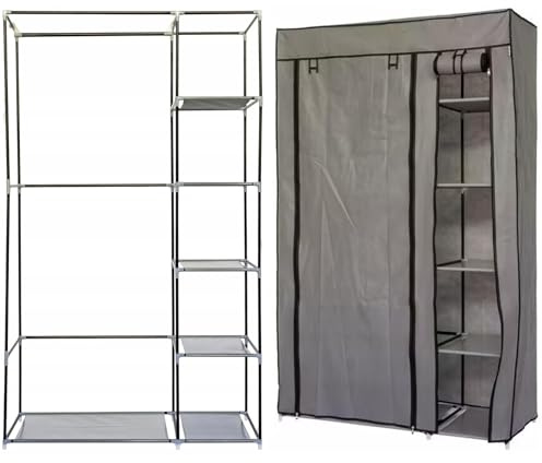 Gr8 Home Single Grey Fabric Canvas Bedroom Wardrobe With Hanging Rail Shelving Clothes Storage Cupboard Unit