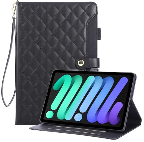 Rosbtib Fodral för iPad Mini 2024 (A17 Pro, 7th Generation)/iPad Mini 6 2021 8,3 tum, broderat PU-läder med handledsrem, hållare och magnetisk knapp för iPad Mini 7, svart