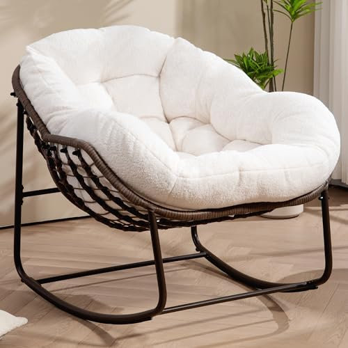 Villeston Outdoor Patio Schaukelstühle, Überdimensionierter Papasan-Schaukelstuhl für den Innenbereich mit Gepolstertem Teddy-Stoffkissen - Ei-Schaukelstuhl für Wohnzimmer, Veranda, Garten