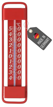 Lantelme Termómetro de metal para exteriores, color rojo, indicador de temperatura analógico de -45 °C hasta 50 °C, 19,5 cm x 5 cm, termómetro para interior, exterior, jardín, termómetro de jardín