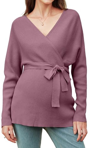 OUGES Womens Soft Cotton Blend Maternity Sweater Wrap V Neck Long Sleeve Elegant V Back Maternity Clothes Trendy Nursing Shirts Blouse Fall Tops Pregnancy Outfits with Belt(Pink Purple,XL)