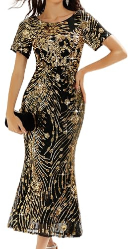 Ever-Pretty Abito da Sera con Paillettes Elegante Scollo Girocollo Abiti da Madre della Sposa Midi Cerimonia Taglie Forti Estivo Oro Nero 46