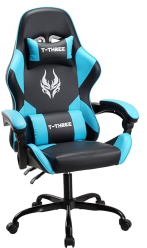 T-THREE.Ergonomic high-back gaming, computer, office, study, swivel, and racing-style chair with adjustable lumbar and headrest support, 150kg weight capacity, ideal for home office(Blue)