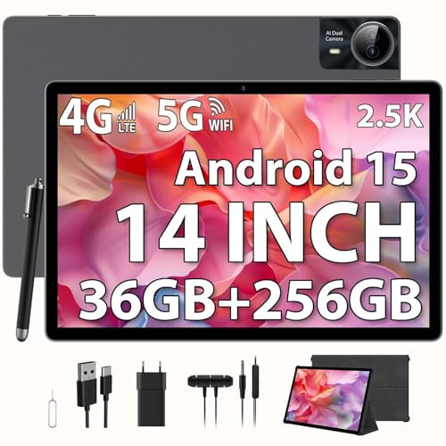 PIXGOOD 2.5K Android 15 Tableta 14 Pulgadas, 4G Lte/5G WiFi, INCELL 2240x1400, 11580mAh, 36GB RAM, 256GB ROM (Extensión 2TB), Octa-Core, 13MP+8MP, Tablet con Custodia/Auricular/GPS/Bluet 5.0(Gris)