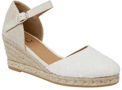 Shoes By Emma Women's Faux Suede Peep Toe Elasticated Slingback Hessian Espadrille Wedge Sandals (White, UK Footwear Size System, Adult, Women, Numeric, Medium, 6)