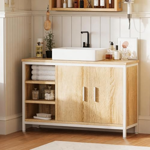 ELUCHANG Mobiletto Bagno, Mobiletto Portaoggetti, Mobile Sottolavello da Bagno con 2 Portae 3 Vani a Giorno, Struttura in Metallo, Bianco e Rovere Chiaro,90x30x60 cm
