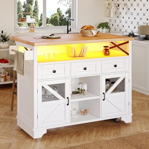 BTM Kitchen Island On Wheels with Drop-Leaf Table, LED, Rolling Serving Trolley Cart, Buffet Cabinet, Bar Sideboard, White