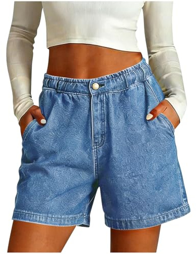 Pantalones Cortos Elástico Mujer Vaqueros Pierna Ancha con Cintura Alta Verano Casual Denim Shorts Talla Grande Pantalon Corto Vaquero Elegantes Comodos Bermudas Jeans Retro Original