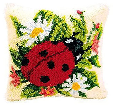 Vervaco Knüpfkissen Set Deko Kissenbezug Knüpfset für Anfänger MARIENKÄFER Basteln Erwachsene Kreativ DIY Handarbeit Kissen zum Selber Knüpfe ca. 40 x 40 cm Latch Hook Kit Knüpfhaken Set Kissen