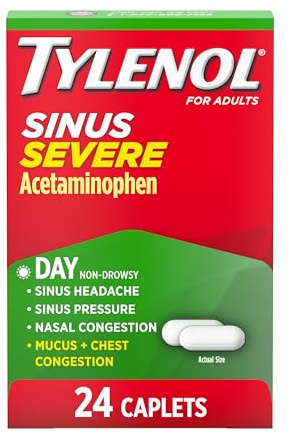 Tylenol Sinus Severe Daytime Caplets, Non-Drowsy, Pain Reliever, Pressure and Nasal Congestion Relief, Fever Reducer, Expectorant, Acetaminophen, Guaifenesin, Phenylephrine HCL, 24 Count