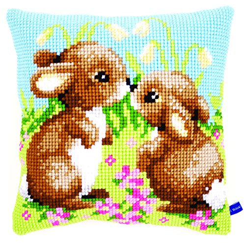 VERVACO Kreuzstich Stickpackungen Kissen Stickerei Set Anfänger Vorgedruckt 2 Kaninchen DIY Set Kreativ Set Für Erwachsene Dekoratives Kissen ca. 40 x 40 cm Bastelset Handwerker Haus Dekoration