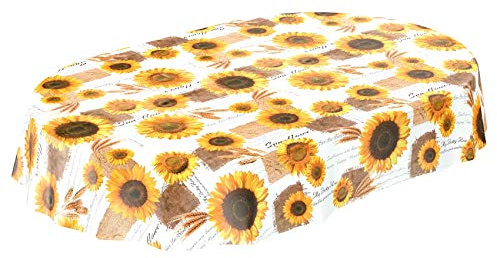 Anro - Tovaglia Cerata con Girasoli Estivi e Grano Ovale, 180 x 140 cm, con Bordi Taglienti, 140 x 180 cm