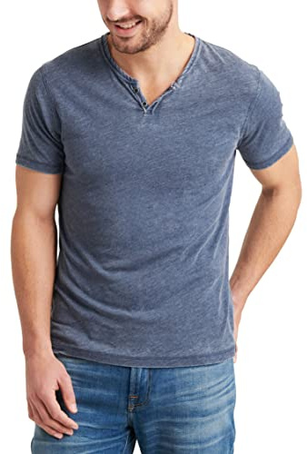 Lucky Brand Men's Venice Burnout Notch Neck Tee Shirt, American Navy, Large