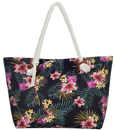 DonDon Strandtasche XXL mit Reißverschluss - Umhängetasche Damen, Shopper Tasche Damen im Beach Look mit Schulterriemen - Urlaub Must Haves Beach bag - Tropical Retro