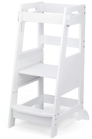 TOETOL Bamboo Toddler Kitchen Step Stool White Helper Standing Tower Height Adjustable with Anti-Slip Protection for Kids Kitchen Counter Learning