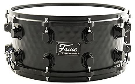 Fame FSS-65 Snare Drum, 14x6.5, Hammered Black Steel, Professional Quality, Remo Skins, Die-Cast Hoops, 10 Tuning Screws, Includes Drum Sticks, Ideal for Beginners