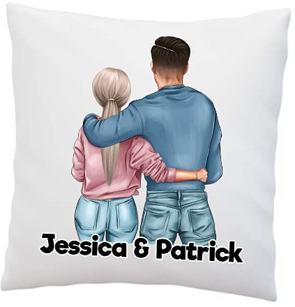 LIEBTASTISCH Kissen Personalisiert mit Pärchen Motiv - Couple - Jahrestag - Valentinstag - Hochzeit - Für Paare - Für Freund/Freundin - Deko Kissen 40x40cm weiß