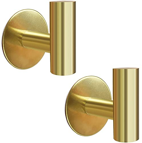 Biomoty Brushed Gold Adhesive Wall Hooks 2 Packs, Heavy Duty Sticky Towel Hooks for Bathroom Kitchen Door, Wall Mounted Stick on Hook for Coat Towels Keys Robe (Gold)