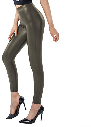 SOGNO D'ORO Läderleggings för kvinnor med hög midja PU-läderleggings byxor strumpbyxor treggins fleecefodrade leggings, Ljusgrön657, XL