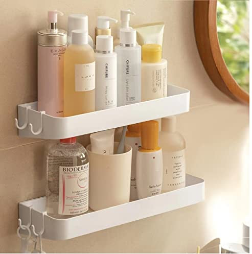 YUHIAKE Badezimmerregale ohne Bohren 2 Stück, Duschregal mit 6 Abnehmbar Haken, Badregal, Badezimmerablagen Waschbecken, Wandablage für Bad Toilette Küche, Weiss