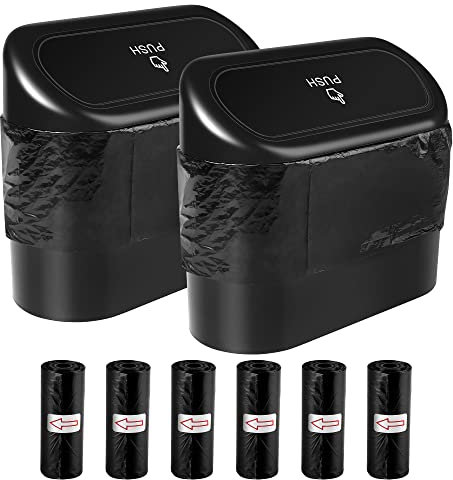 Vegena Auto Mülleimer - Automülleinmer 2 Stück, Mülleimer Auto Klein Mit Deckel, Wasserdicht Hängender Abfallbehälter, Abfalleimer Abfallsammler, 120 Stück Schwarz Müllsäcke